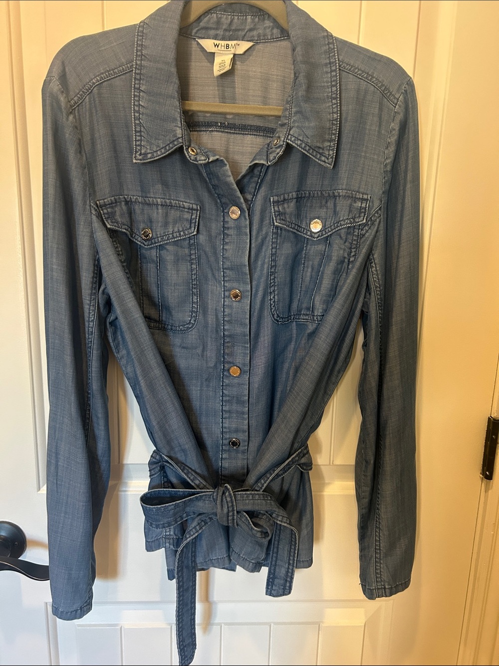 White House Black Market Light Denim Button-Front Tie-Waist Shirt